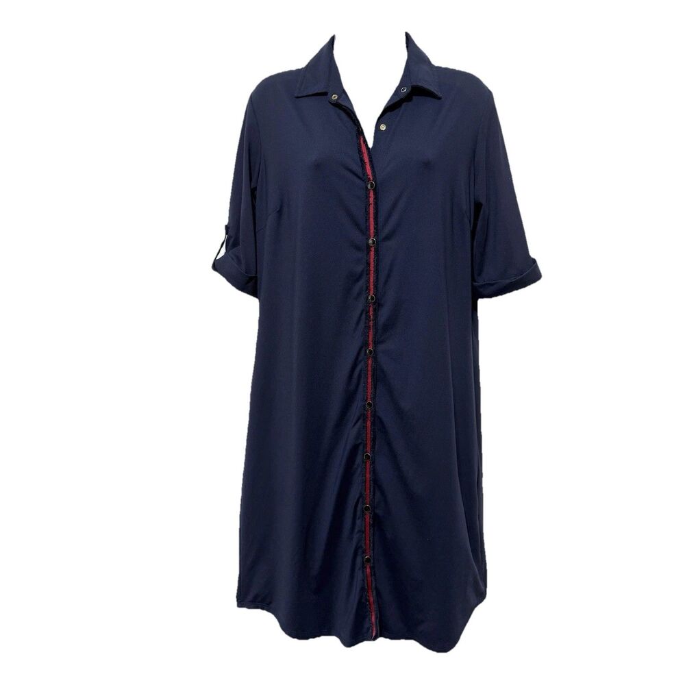 J McLaughlin Navy Red Snap Button Front Fringe Trim Dress Size M Catalina Cloth